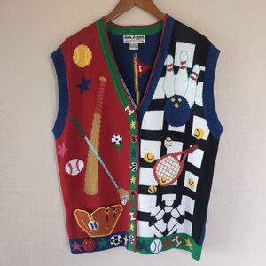 Vintage Jack B Quick Sweater Vest Size L 90s Quirky Sports Baseball Golf Soccer